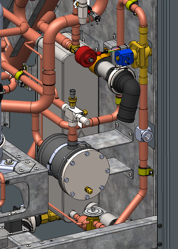 Figure 1 -  Screenshot from 3-D CAD model of the Laser Chiller showing a Q80ASx60 SWEP BPHE